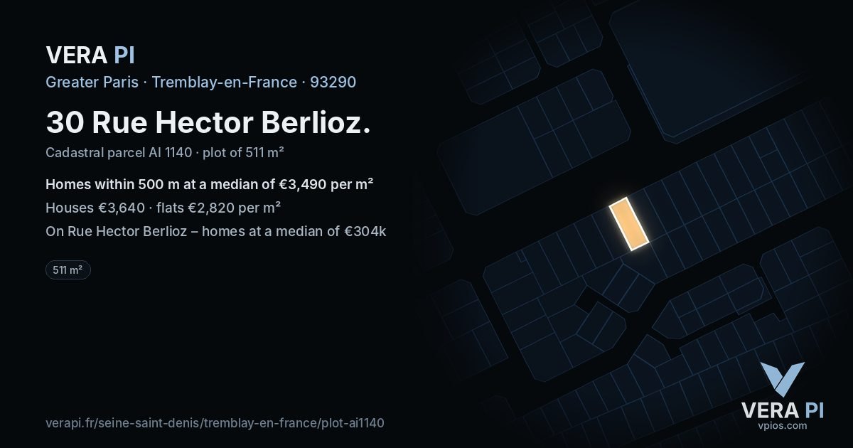 30 Rue Hector Berlioz, Tremblay-en-France at night – the plot lit, the parcels around coloured by the prices near them