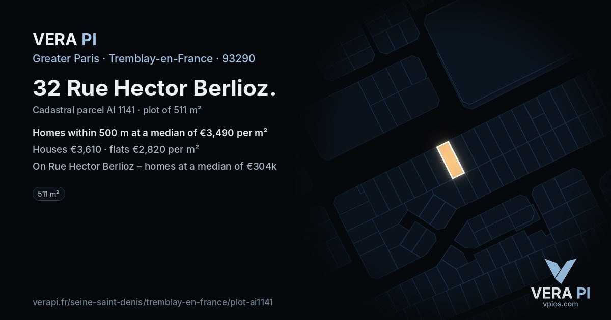 32 Rue Hector Berlioz, Tremblay-en-France at night – the plot lit, the parcels around coloured by the prices near them