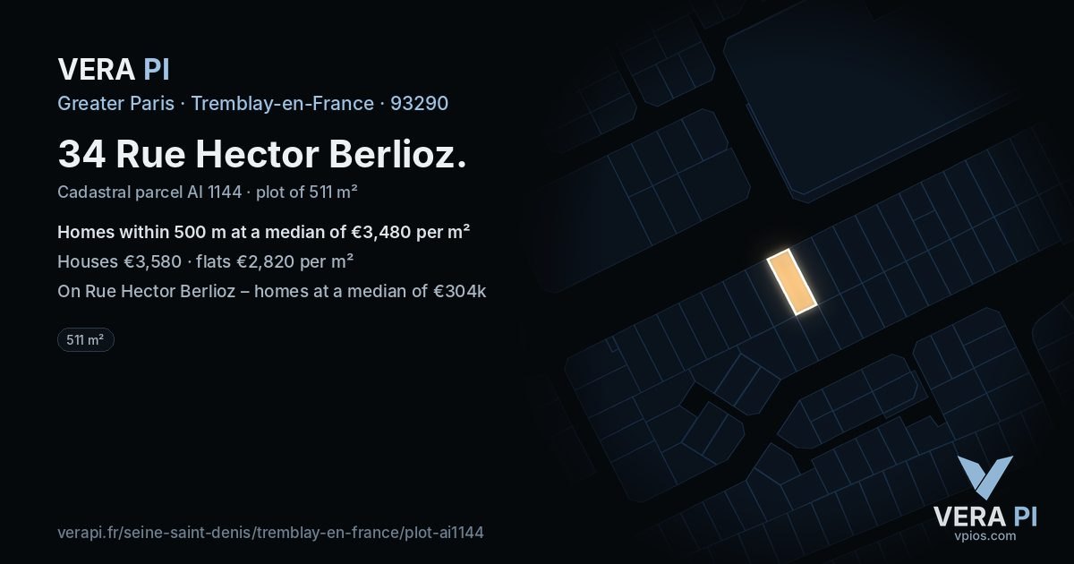 34 Rue Hector Berlioz, Tremblay-en-France at night – the plot lit, the parcels around coloured by the prices near them