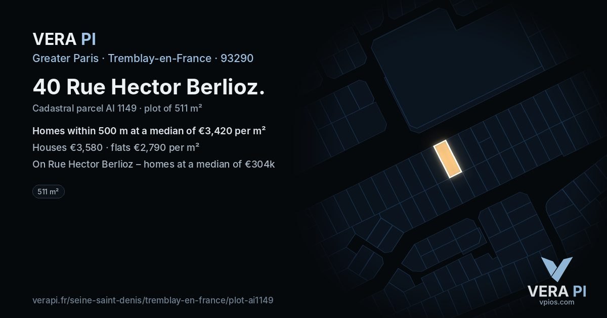 40 Rue Hector Berlioz, Tremblay-en-France at night – the plot lit, the parcels around coloured by the prices near them