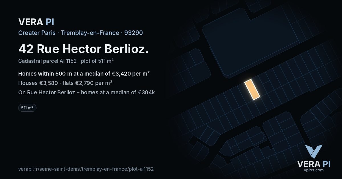 42 Rue Hector Berlioz, Tremblay-en-France at night – the plot lit, the parcels around coloured by the prices near them
