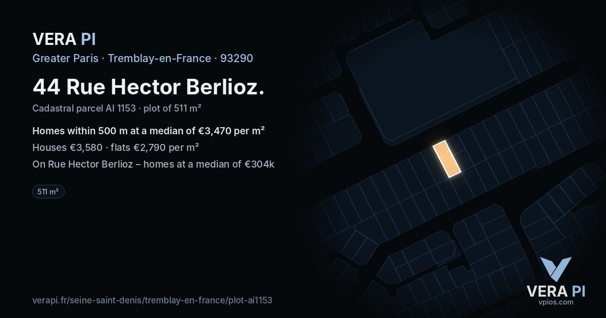 44 Rue Hector Berlioz, Tremblay-en-France at night – the plot lit, the parcels around coloured by the prices near them