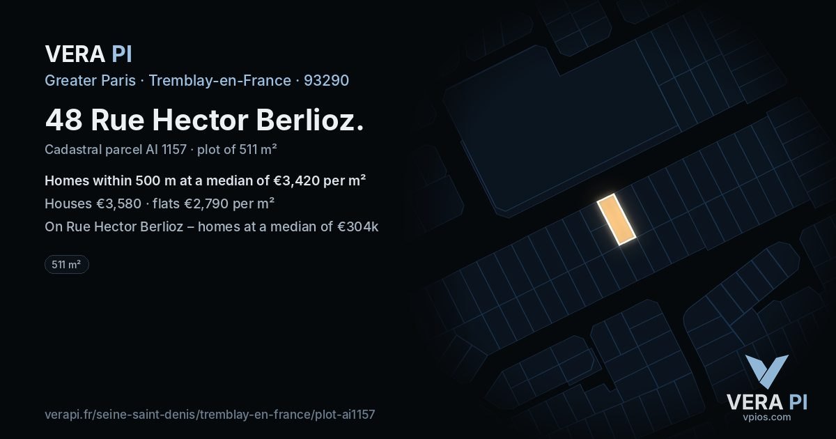 48 Rue Hector Berlioz, Tremblay-en-France at night – the plot lit, the parcels around coloured by the prices near them
