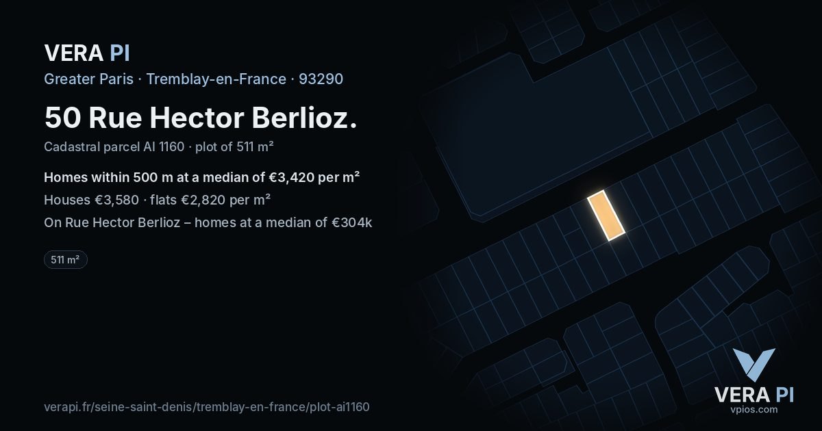 50 Rue Hector Berlioz, Tremblay-en-France at night – the plot lit, the parcels around coloured by the prices near them