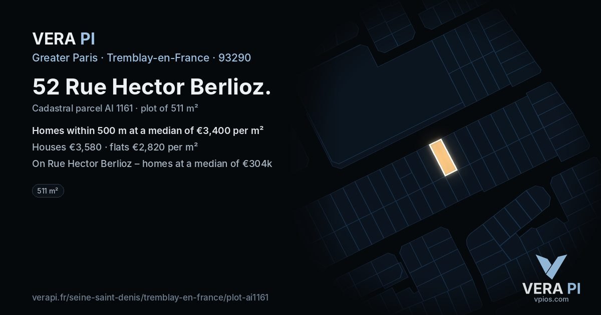 52 Rue Hector Berlioz, Tremblay-en-France at night – the plot lit, the parcels around coloured by the prices near them
