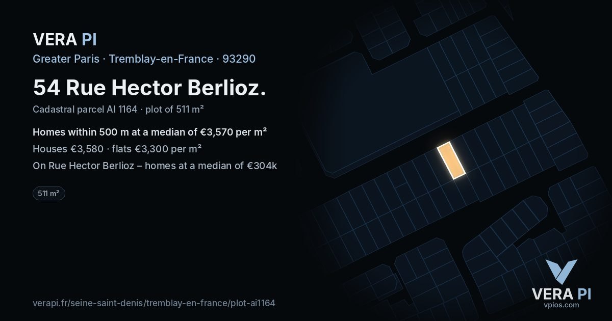 54 Rue Hector Berlioz, Tremblay-en-France at night – the plot lit, the parcels around coloured by the prices near them