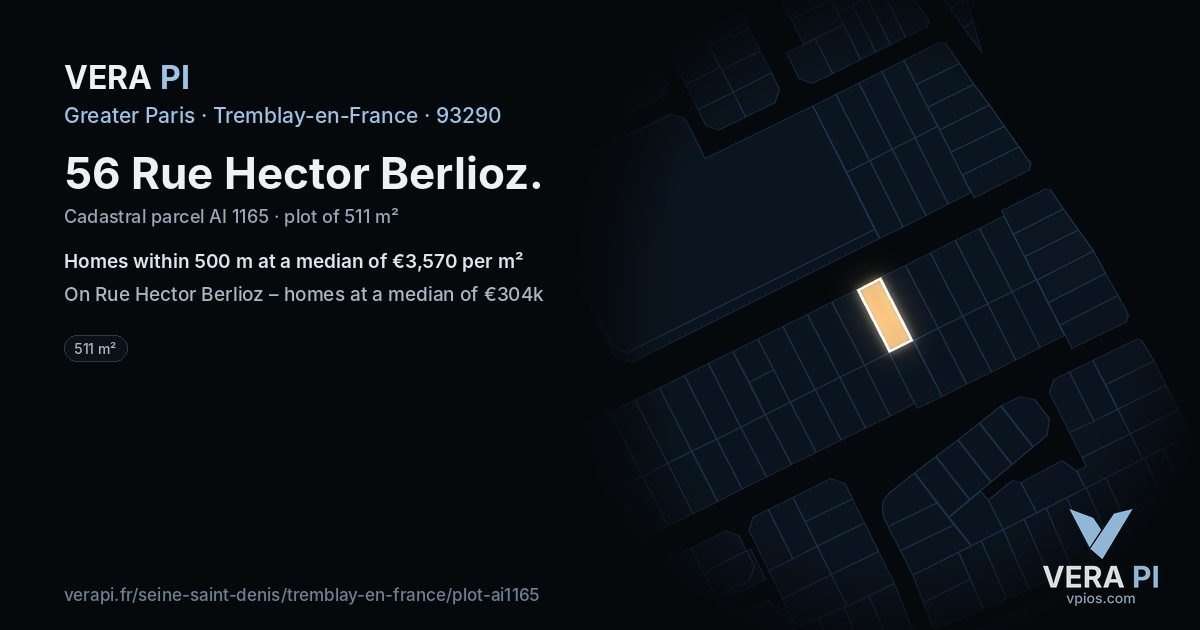 56 Rue Hector Berlioz, Tremblay-en-France at night – the plot lit, the parcels around coloured by the prices near them