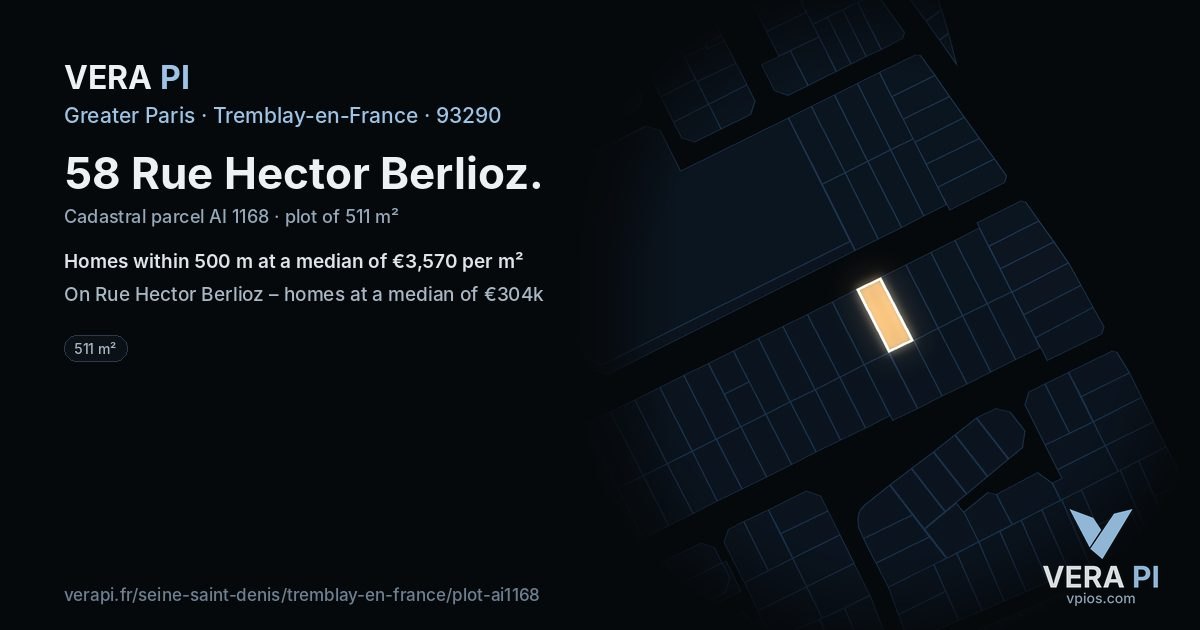 58 Rue Hector Berlioz, Tremblay-en-France at night – the plot lit, the parcels around coloured by the prices near them