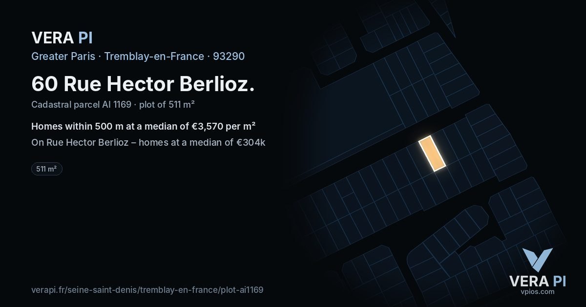 60 Rue Hector Berlioz, Tremblay-en-France at night – the plot lit, the parcels around coloured by the prices near them