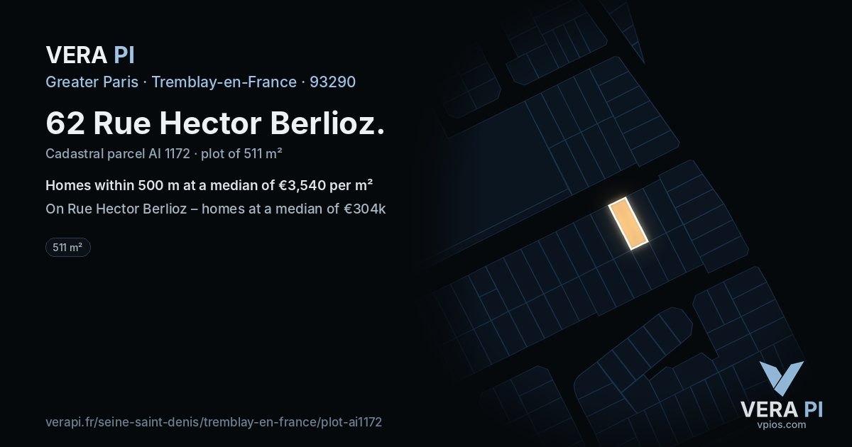 62 Rue Hector Berlioz, Tremblay-en-France at night – the plot lit, the parcels around coloured by the prices near them