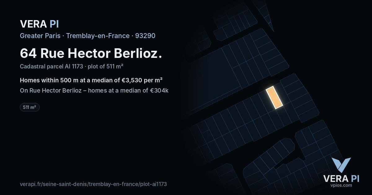 64 Rue Hector Berlioz, Tremblay-en-France at night – the plot lit, the parcels around coloured by the prices near them
