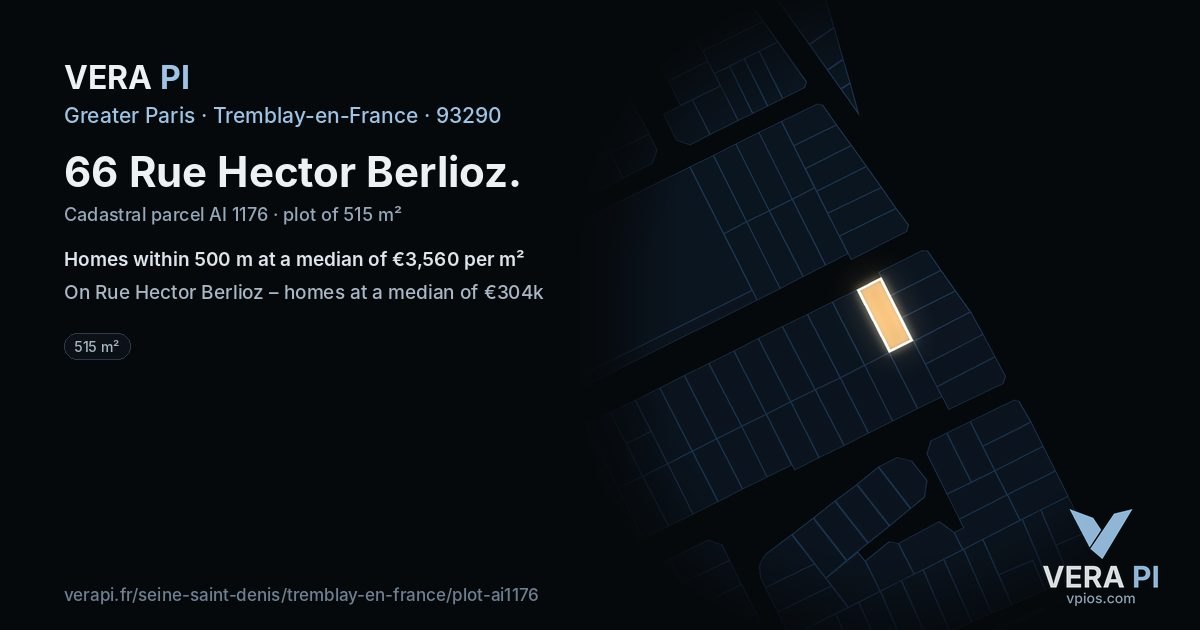 66 Rue Hector Berlioz, Tremblay-en-France at night – the plot lit, the parcels around coloured by the prices near them