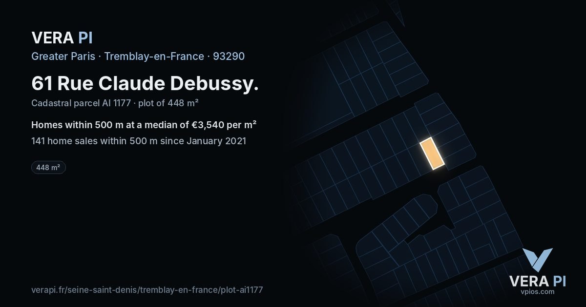 61 Rue Claude Debussy, Tremblay-en-France at night – the plot lit, the parcels around coloured by the prices near them