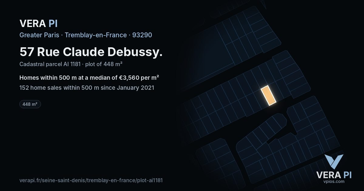 57 Rue Claude Debussy, Tremblay-en-France at night – the plot lit, the parcels around coloured by the prices near them