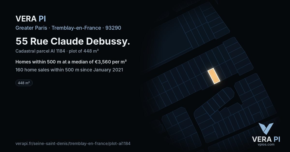 55 Rue Claude Debussy, Tremblay-en-France at night – the plot lit, the parcels around coloured by the prices near them