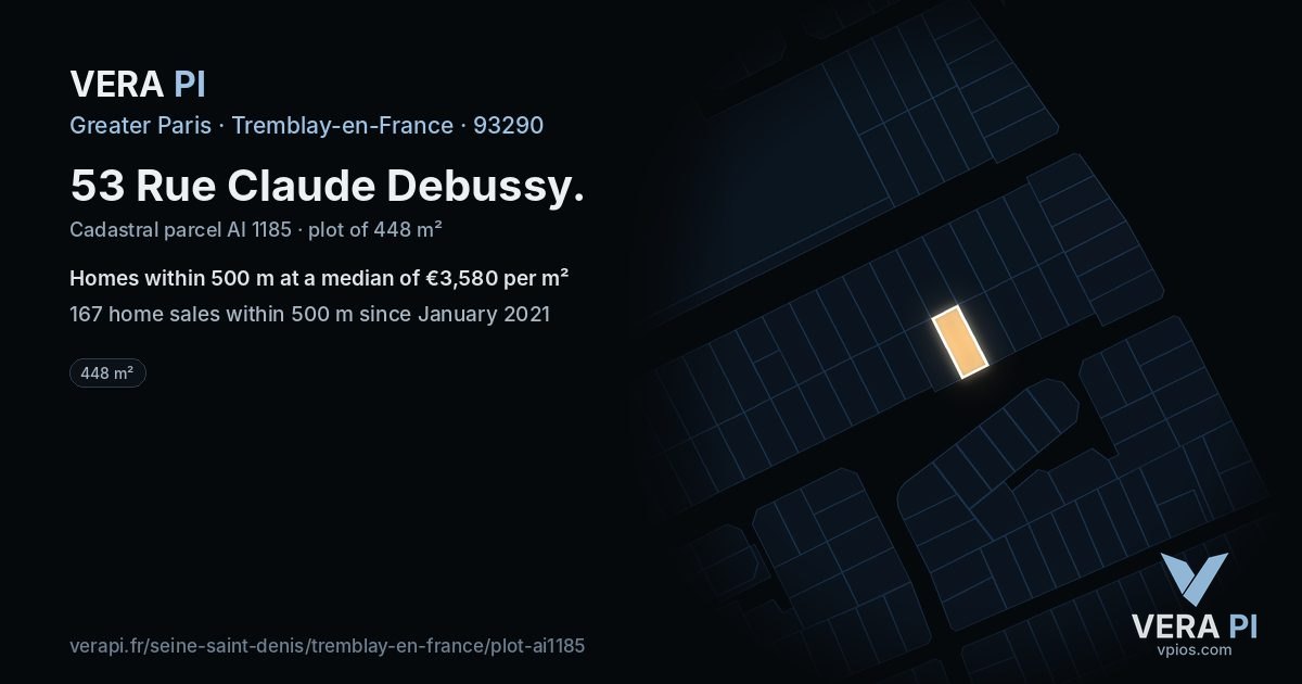 53 Rue Claude Debussy, Tremblay-en-France at night – the plot lit, the parcels around coloured by the prices near them