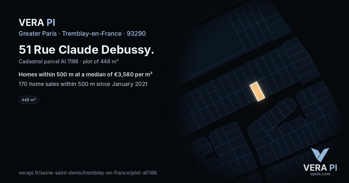 51 Rue Claude Debussy, Tremblay-en-France at night – the plot lit, the parcels around coloured by the prices near them