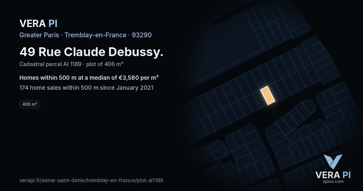 49 Rue Claude Debussy, Tremblay-en-France at night – the plot lit, the parcels around coloured by the prices near them
