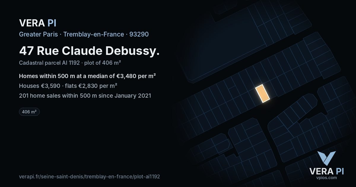47 Rue Claude Debussy, Tremblay-en-France at night – the plot lit, the parcels around coloured by the prices near them