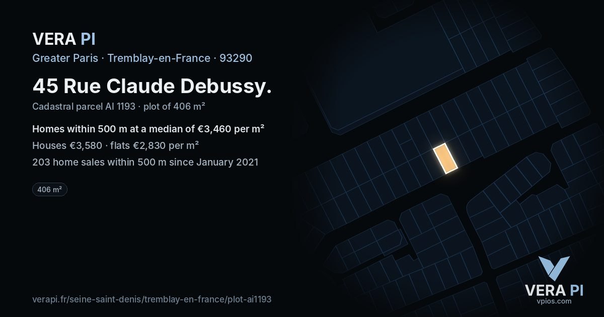 45 Rue Claude Debussy, Tremblay-en-France at night – the plot lit, the parcels around coloured by the prices near them