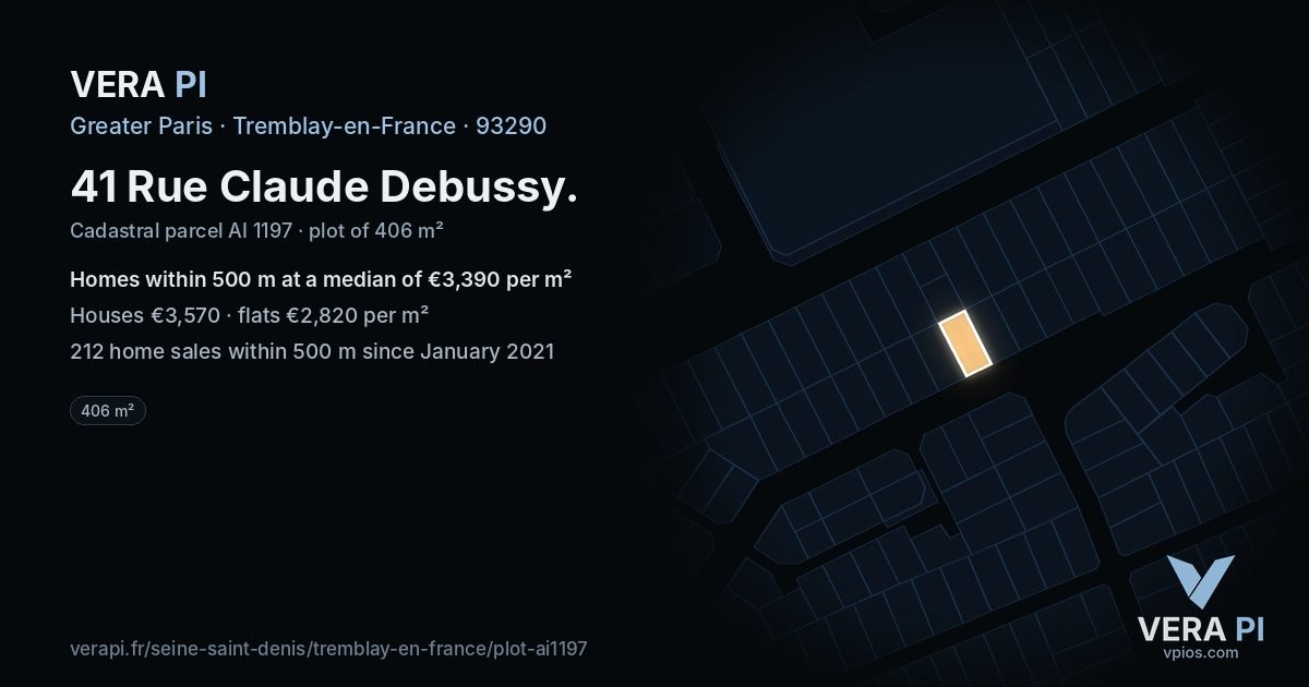 41 Rue Claude Debussy, Tremblay-en-France at night – the plot lit, the parcels around coloured by the prices near them
