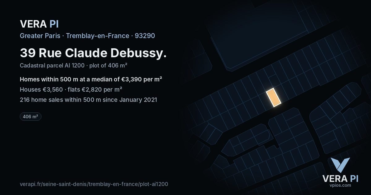 39 Rue Claude Debussy, Tremblay-en-France at night – the plot lit, the parcels around coloured by the prices near them