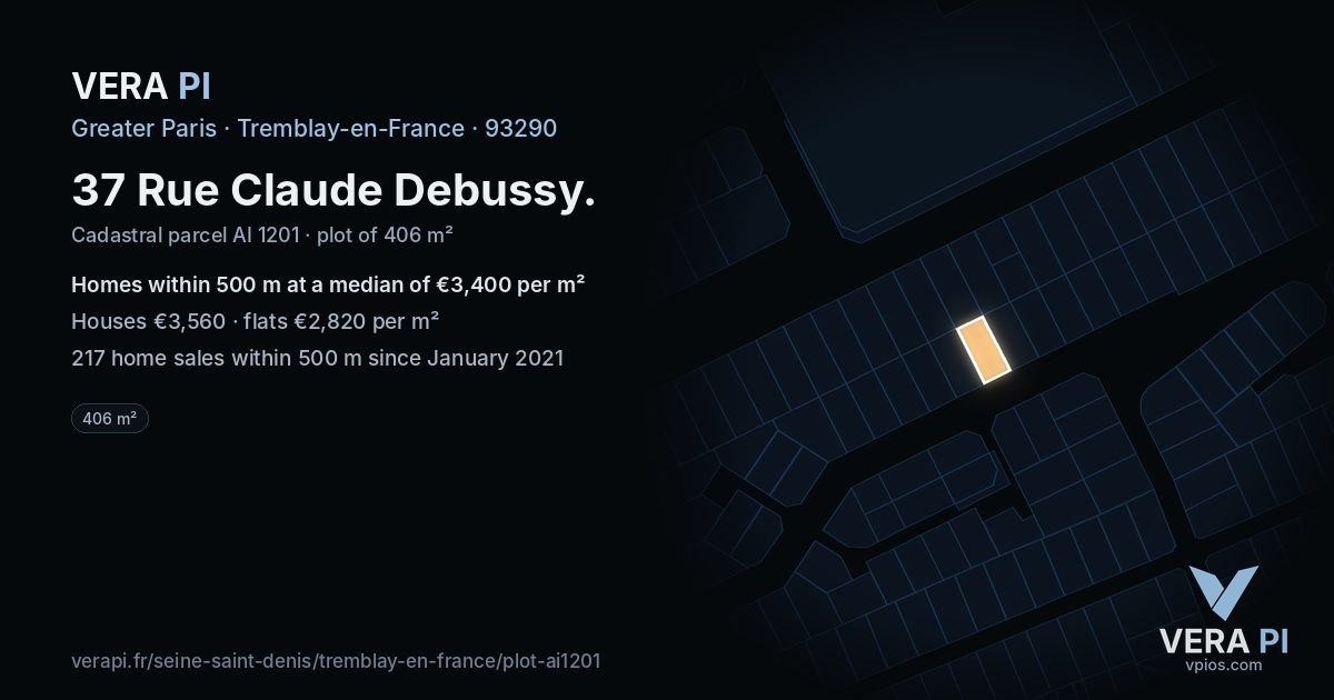 37 Rue Claude Debussy, Tremblay-en-France at night – the plot lit, the parcels around coloured by the prices near them