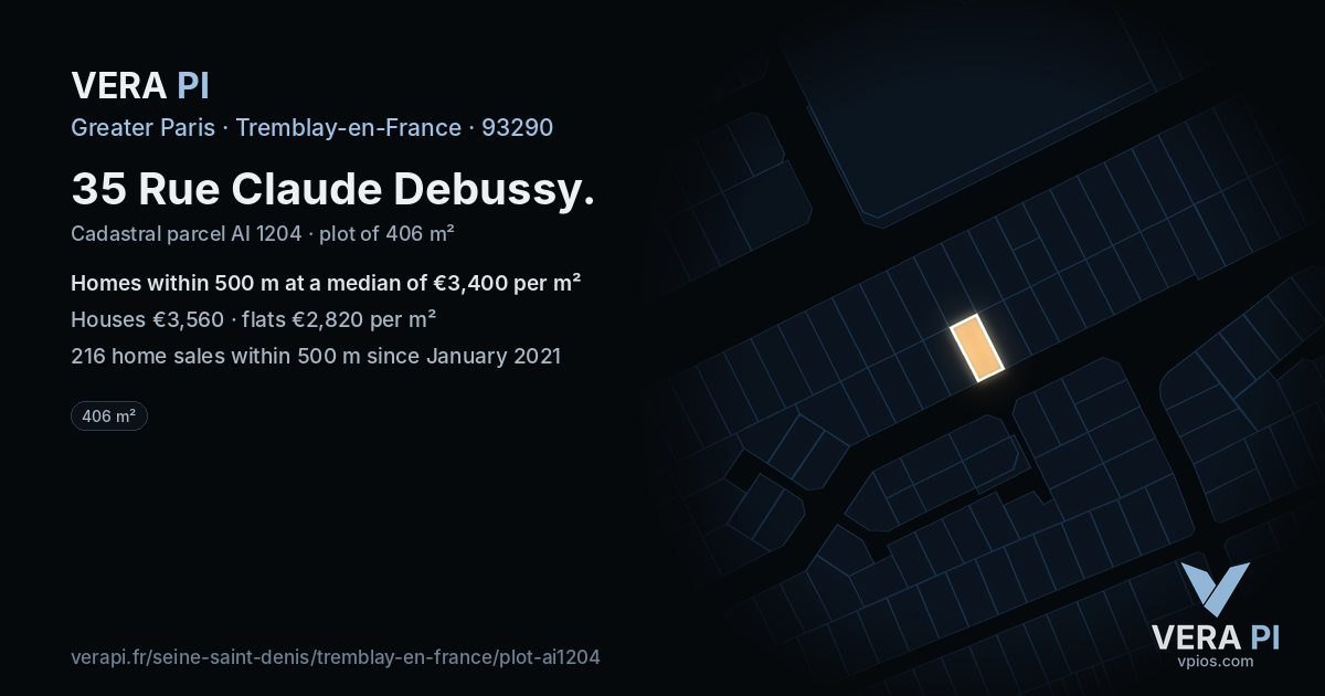35 Rue Claude Debussy, Tremblay-en-France at night – the plot lit, the parcels around coloured by the prices near them