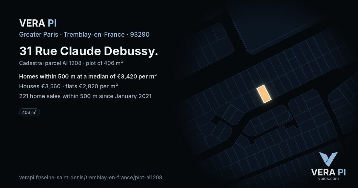 31 Rue Claude Debussy, Tremblay-en-France at night – the plot lit, the parcels around coloured by the prices near them