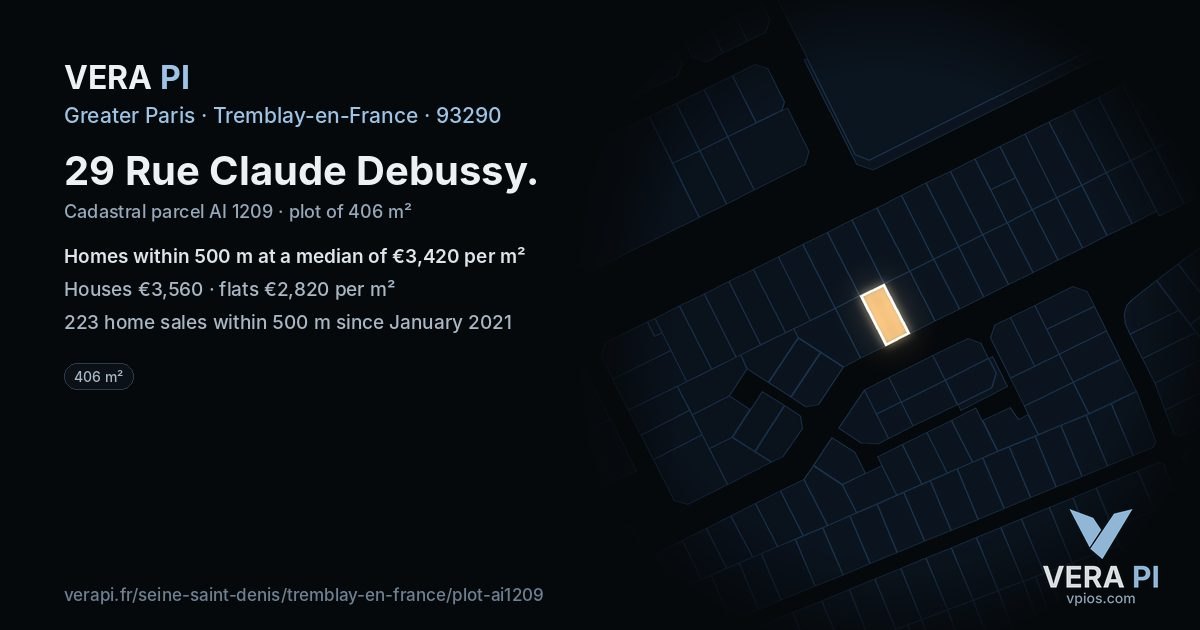 29 Rue Claude Debussy, Tremblay-en-France at night – the plot lit, the parcels around coloured by the prices near them