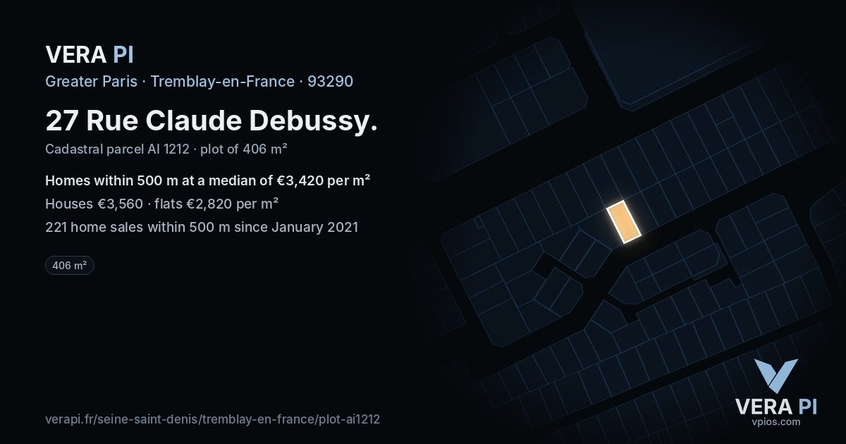 27 Rue Claude Debussy, Tremblay-en-France at night – the plot lit, the parcels around coloured by the prices near them