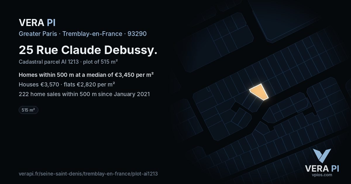 25 Rue Claude Debussy, Tremblay-en-France at night – the plot lit, the parcels around coloured by the prices near them