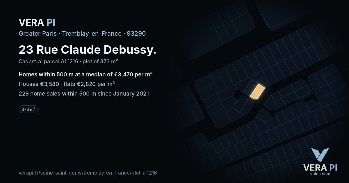 23 Rue Claude Debussy, Tremblay-en-France at night – the plot lit, the parcels around coloured by the prices near them