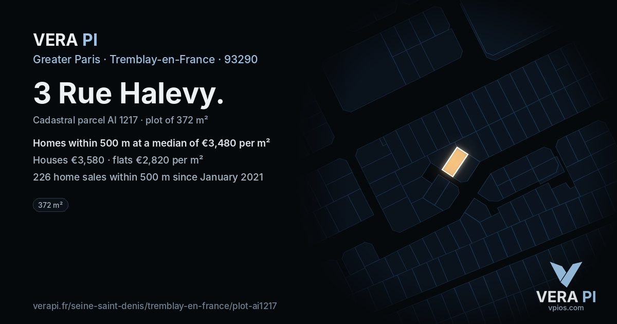 3 Rue Halevy, Tremblay-en-France at night – the plot lit, the parcels around coloured by the prices near them