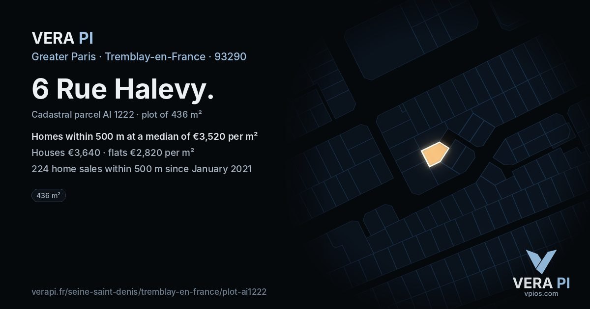 6 Rue Halevy, Tremblay-en-France at night – the plot lit, the parcels around coloured by the prices near them
