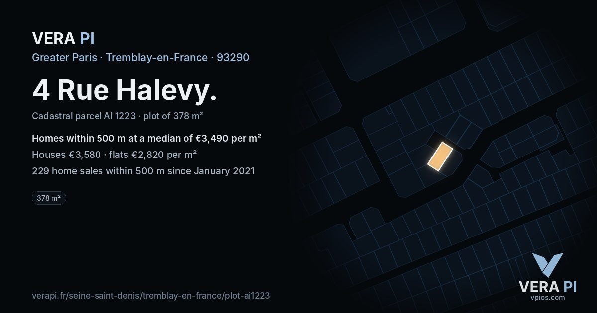 4 Rue Halevy, Tremblay-en-France at night – the plot lit, the parcels around coloured by the prices near them