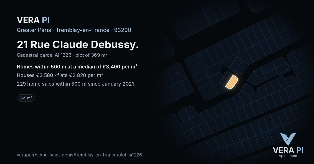 21 Rue Claude Debussy, Tremblay-en-France at night – the plot lit, the parcels around coloured by the prices near them