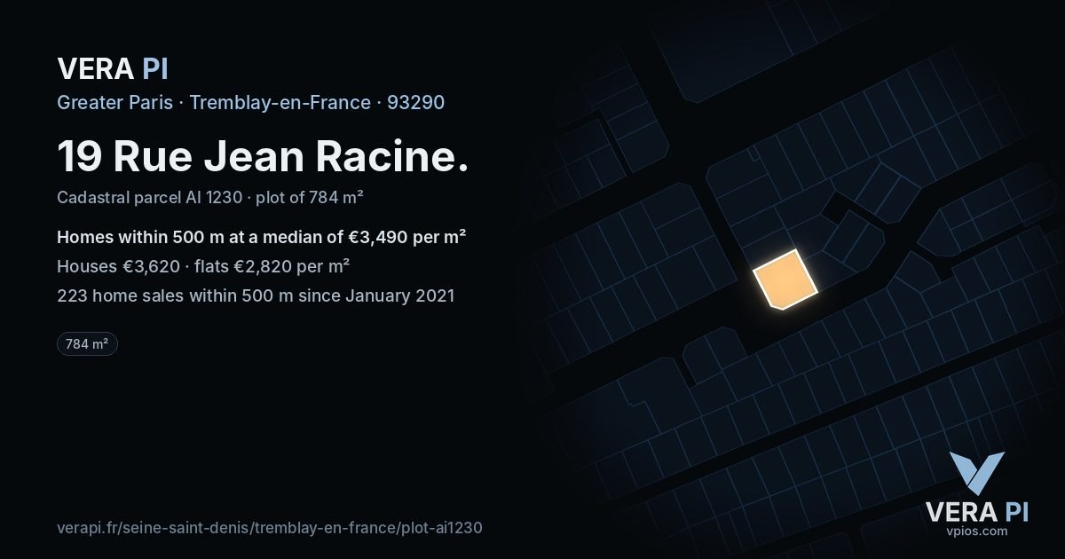 19 Rue Jean Racine, Tremblay-en-France at night – the plot lit, the parcels around coloured by the prices near them