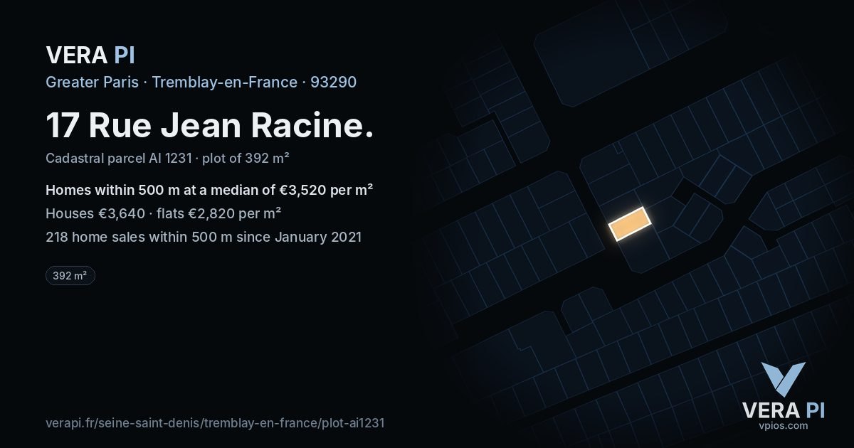 17 Rue Jean Racine, Tremblay-en-France at night – the plot lit, the parcels around coloured by the prices near them