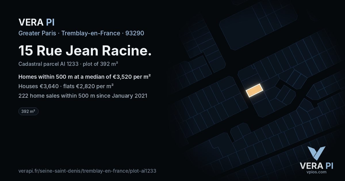 15 Rue Jean Racine, Tremblay-en-France at night – the plot lit, the parcels around coloured by the prices near them