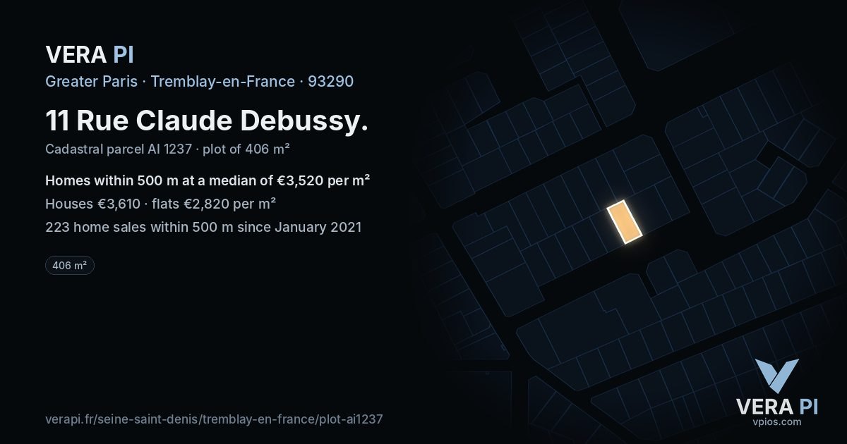 11 Rue Claude Debussy, Tremblay-en-France at night – the plot lit, the parcels around coloured by the prices near them