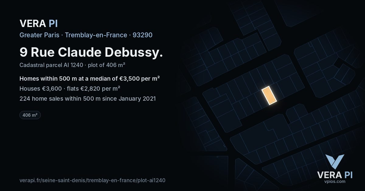 9 Rue Claude Debussy, Tremblay-en-France at night – the plot lit, the parcels around coloured by the prices near them