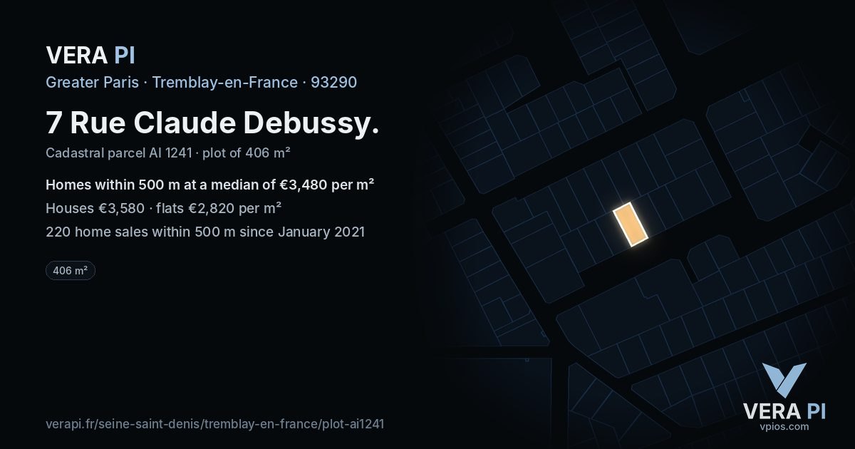 7 Rue Claude Debussy, Tremblay-en-France at night – the plot lit, the parcels around coloured by the prices near them