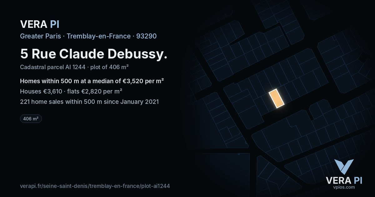 5 Rue Claude Debussy, Tremblay-en-France at night – the plot lit, the parcels around coloured by the prices near them