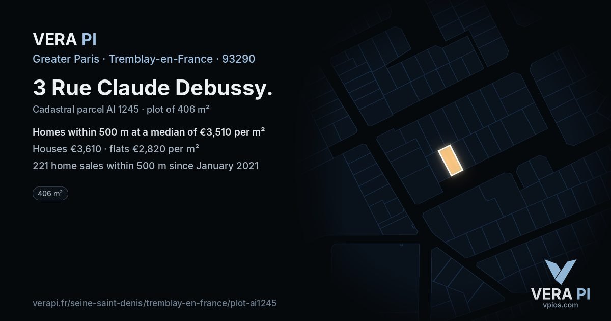 3 Rue Claude Debussy, Tremblay-en-France at night – the plot lit, the parcels around coloured by the prices near them