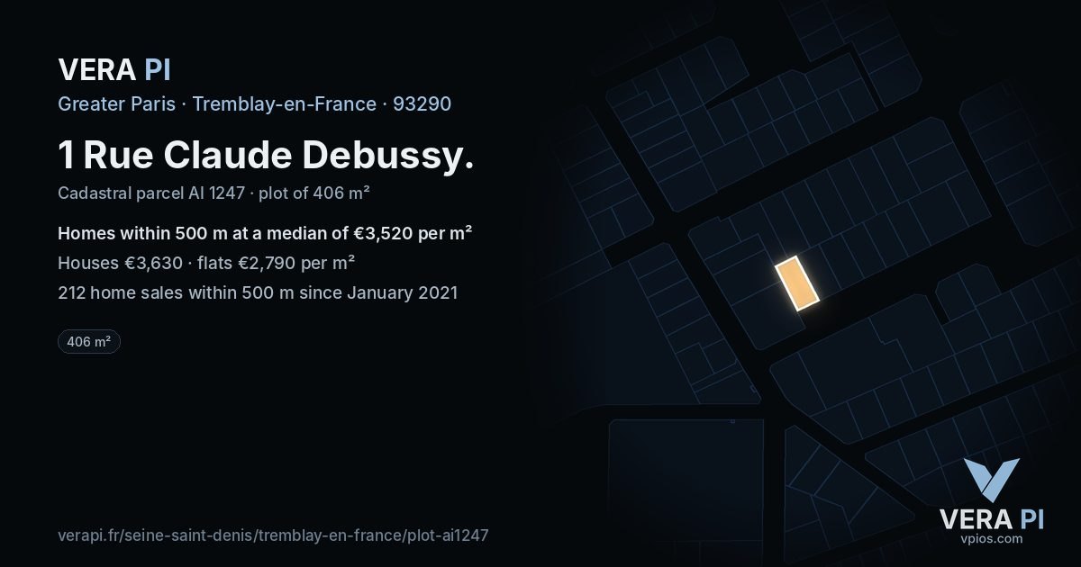 1 Rue Claude Debussy, Tremblay-en-France at night – the plot lit, the parcels around coloured by the prices near them