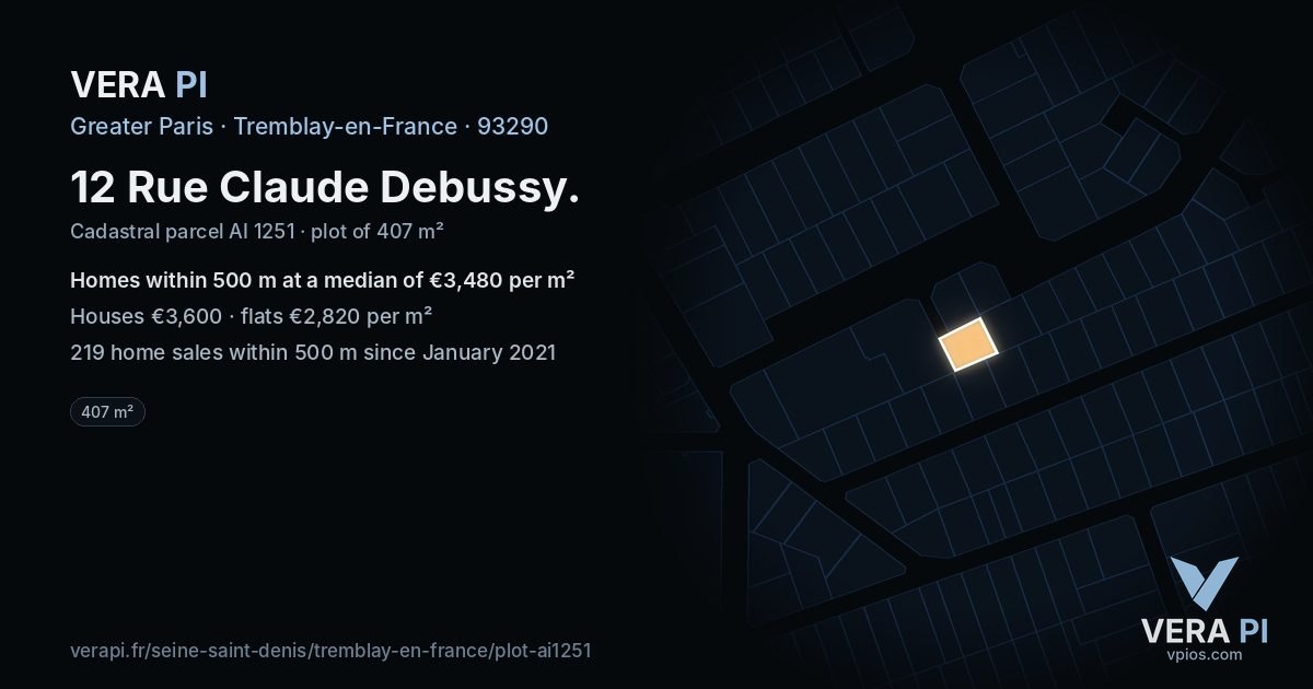 12 Rue Claude Debussy, Tremblay-en-France at night – the plot lit, the parcels around coloured by the prices near them