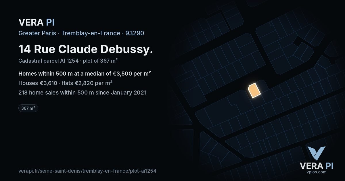 14 Rue Claude Debussy, Tremblay-en-France at night – the plot lit, the parcels around coloured by the prices near them