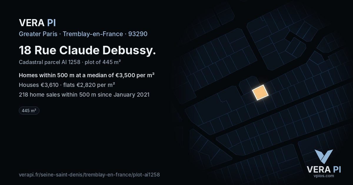 18 Rue Claude Debussy, Tremblay-en-France at night – the plot lit, the parcels around coloured by the prices near them