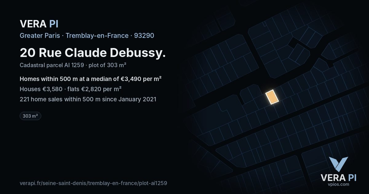 20 Rue Claude Debussy, Tremblay-en-France at night – the plot lit, the parcels around coloured by the prices near them